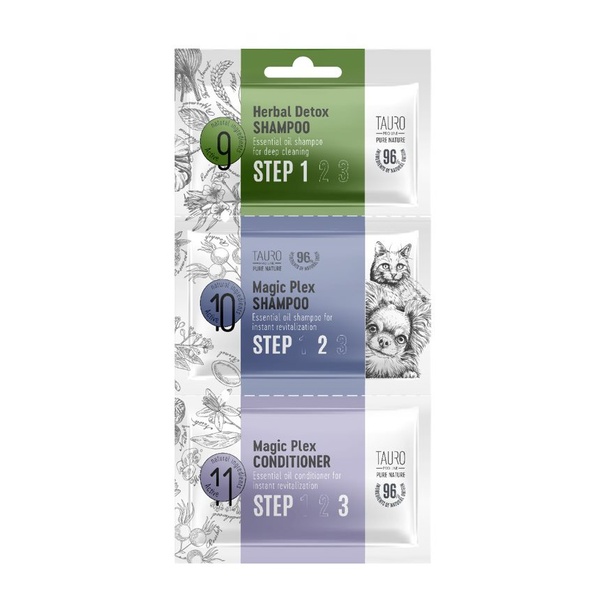 Набор пробников шампуней и кондиционеров для собак и кошек Tauro Pro Line Pure Nature Herbal Detox + Magic-Plex sample set 1 x 6 ml, 1 x 8 ml, 1 x 4 ml