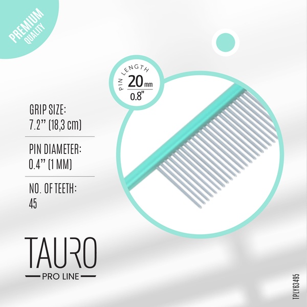 Розчіска з алюмінієвою ручкоюі зубцями з нержавіючої сталі Tauro pro line Ultra light line, with tail, 18.3 cm, mint color