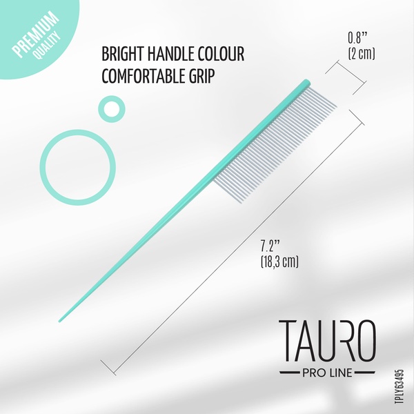 Расческа с алюминиевой ручкой и зубчиками из нержавеющей стали Tauro pro line Ultra light line, with tail, 18.3 cm, mint color
